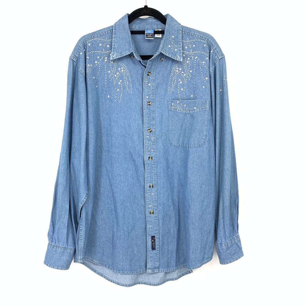 Vintage Port & Company Denim Shirt Womens M Rhinestone Western Glam Studded 90s